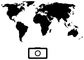 World vinyl decal with black world map silhouette and camera-lens icon on white