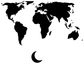 Black world map vinyl decal with crescent moon, isolated on white