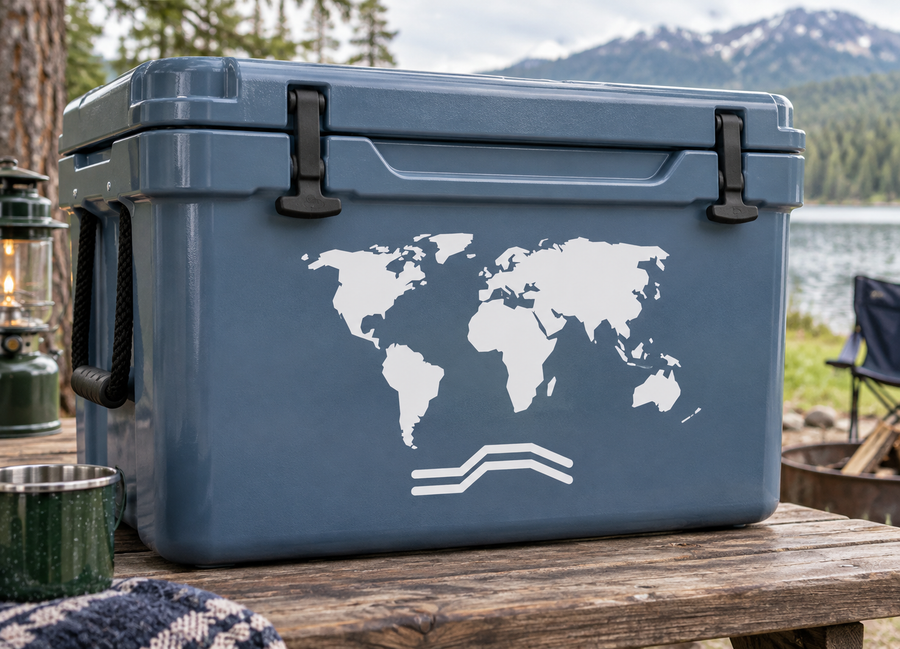 World map vinyl decal with three-line route arrow, white on dark surface