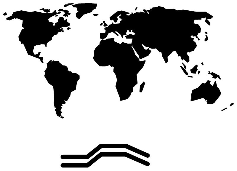 World map vinyl decal with three-line route arrow, black on white