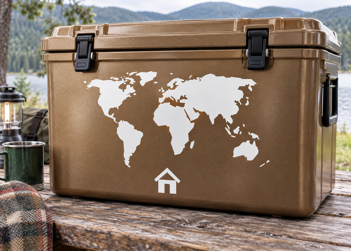 World map vinyl decal with house icon, white on brown surface