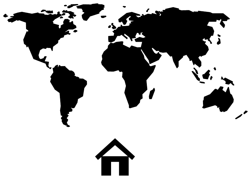 World map vinyl decal with house icon, black world silhouette on white