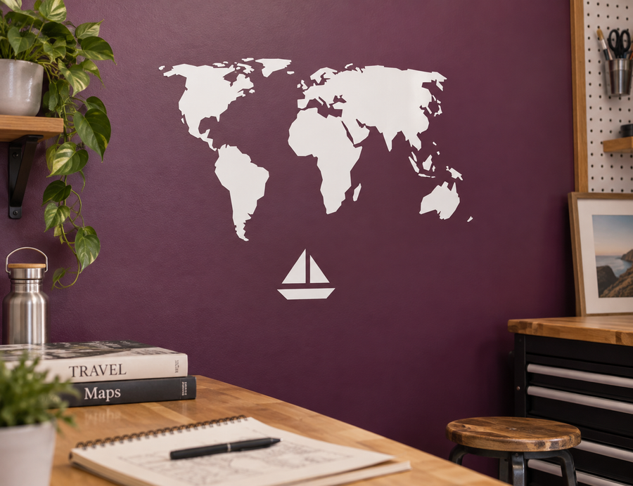 World sailing vinyl decal with white world map and sailboat compass icon