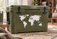 World map vinyl decal on dark olive-green bin front, white continents