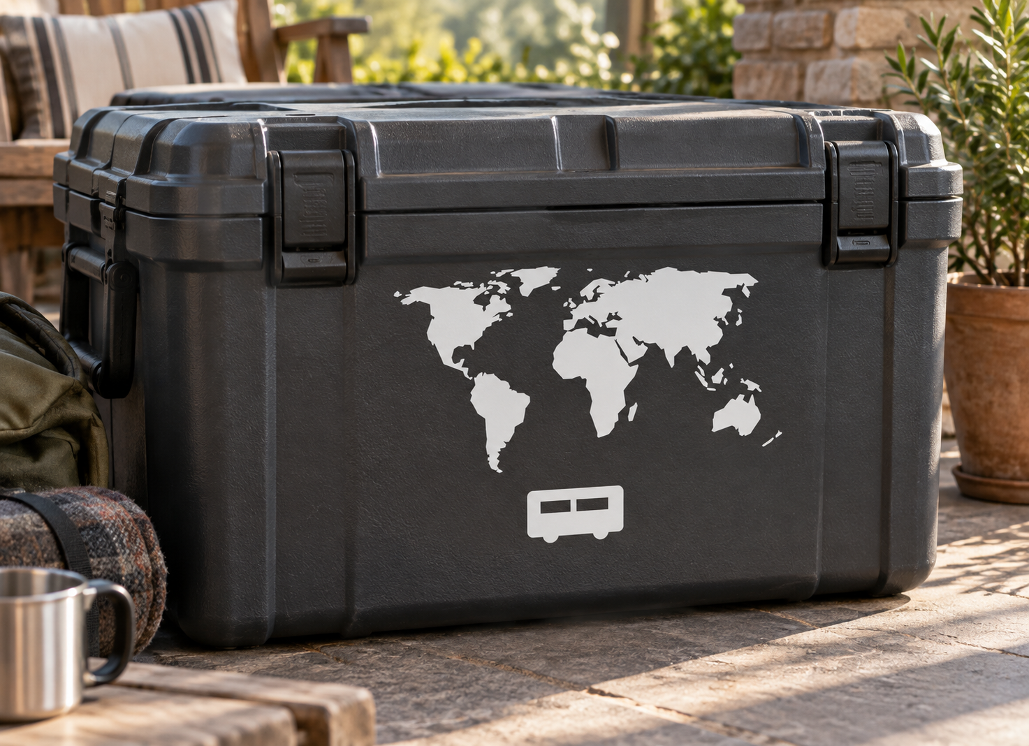 World map vinyl decal with suitcase icon, white on a dark cooler