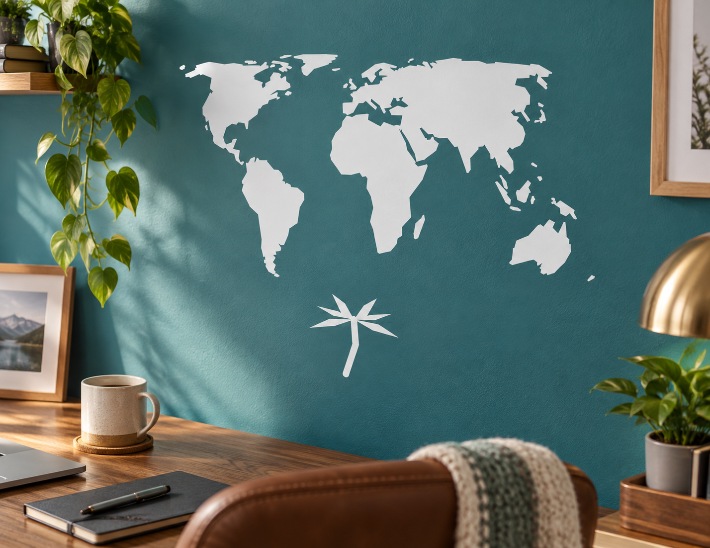 World map vinyl decal with white continents and palm tree icon