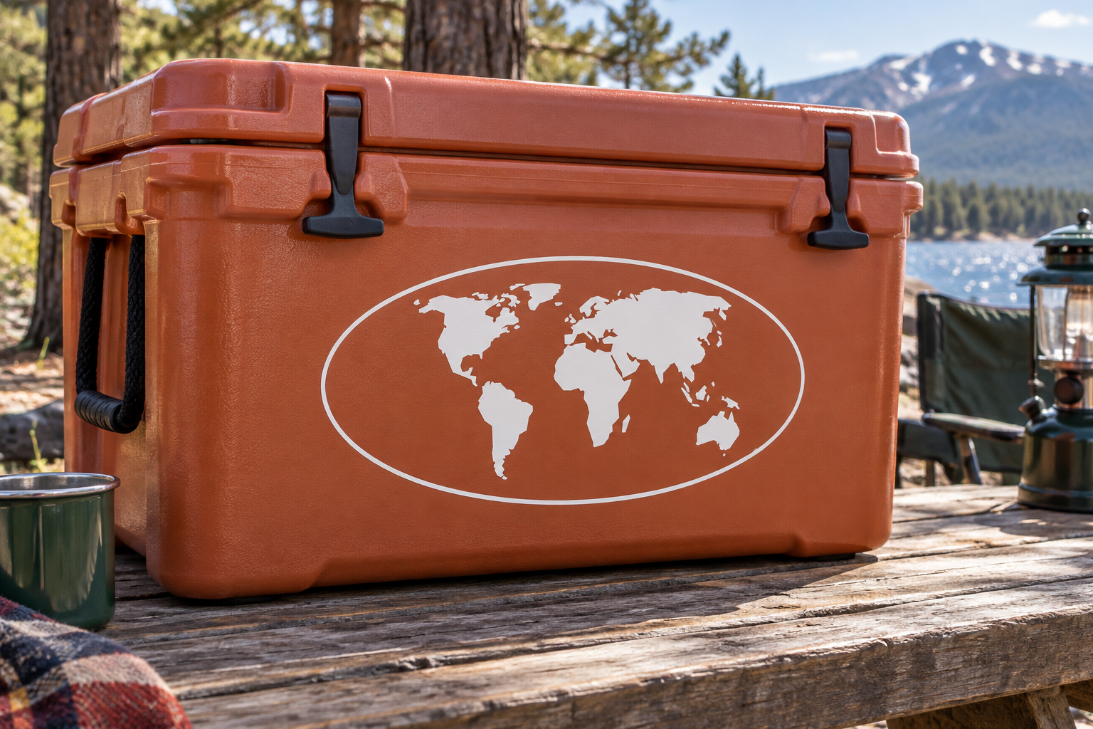 World map vinyl decal with white oval outline, shown on an orange cooler