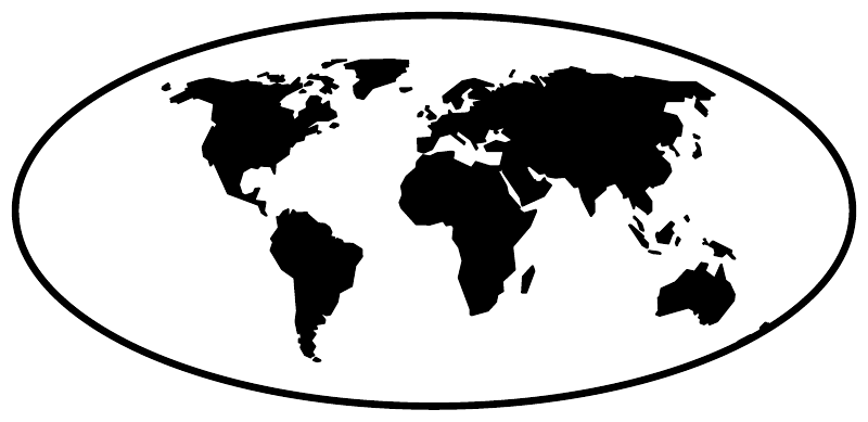 World map vinyl decal with black world image in a white oval with black border