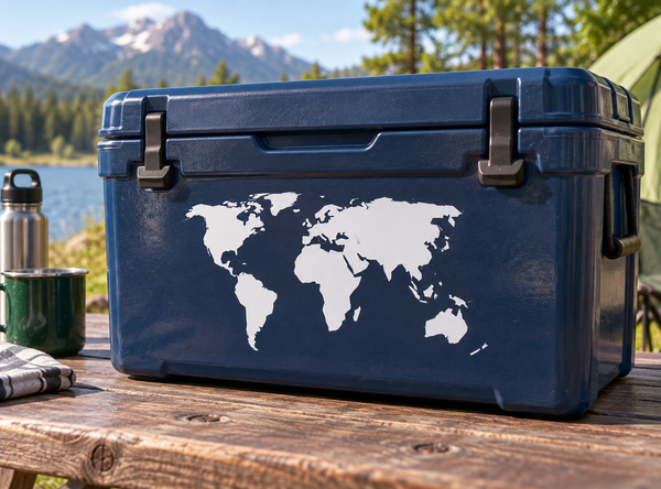 World map vinyl decal on dark blue suitcase, white continent shapes
