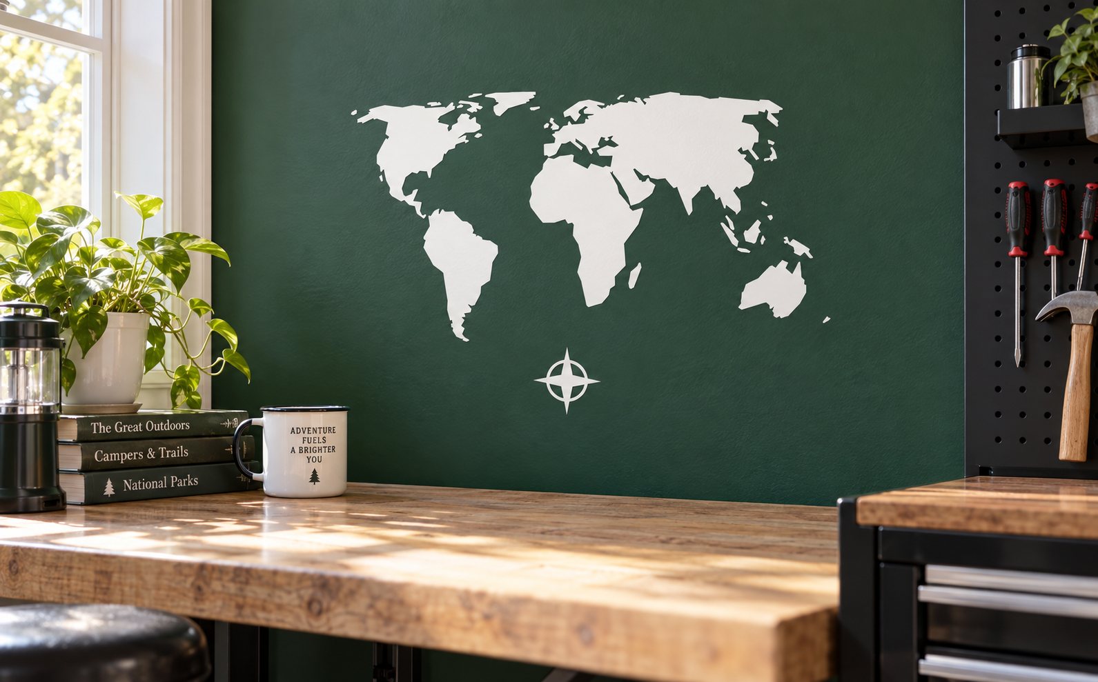 White world map vinyl decal with centered compass rose