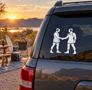 Wrestling handshake vinyl decal of two wrestlers on car rear window