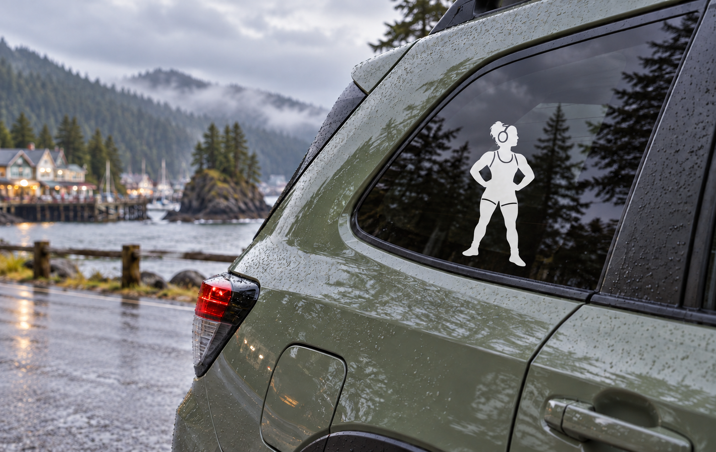 Wrestling practice day vinyl decal of white female wrestler silhouette on car window