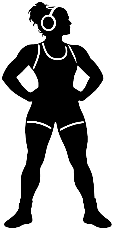 Female wrestler vinyl decal silhouette in wrestling singlet, full-body pose with white outline