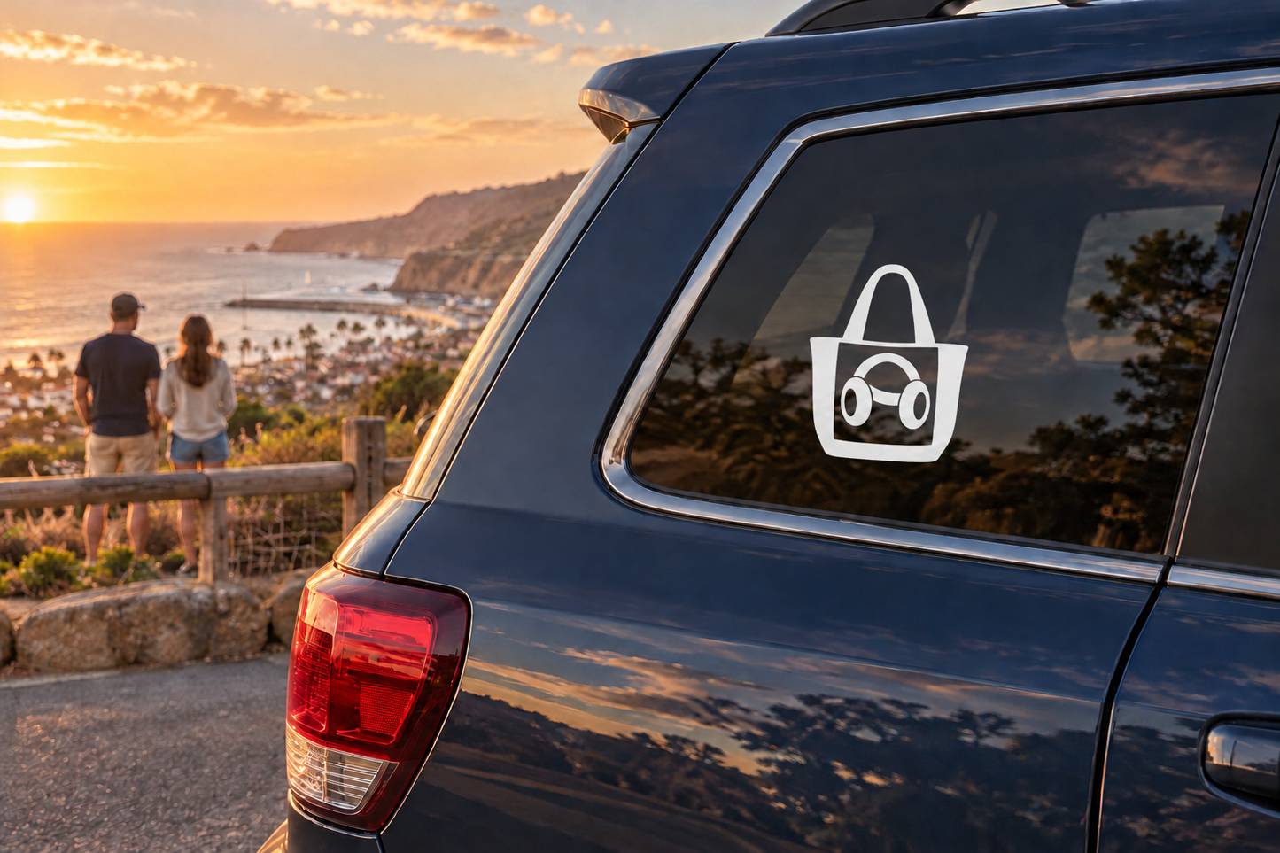 Wrestling tote vinyl decal sticker with black-and-white bag icon on car window