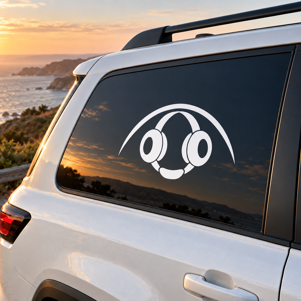 Wrestling ear guard vinyl decal on car window with black-and-white headset graphic
