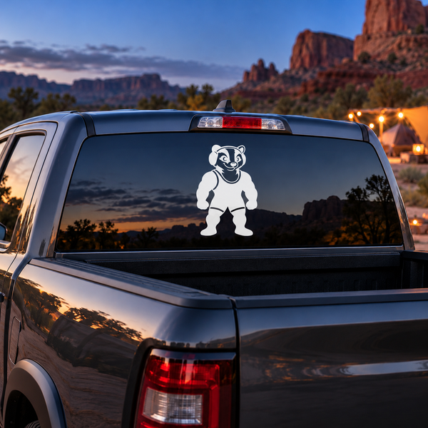 Black-and-white wrestling badger vinyl decal on car rear window