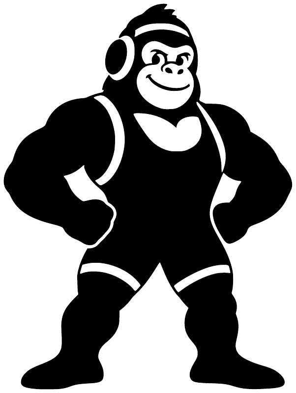 Wrestling gorilla vinyl decal, bold black-and-white wrestler figure with hands on hips