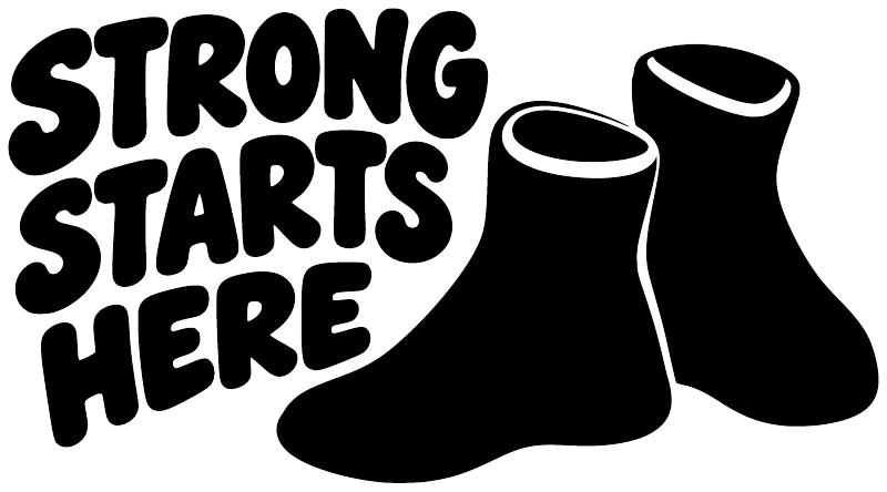 Vinyl wrestling decal with bold “STRONG STARTS HERE” text and two wrestling shoes, black