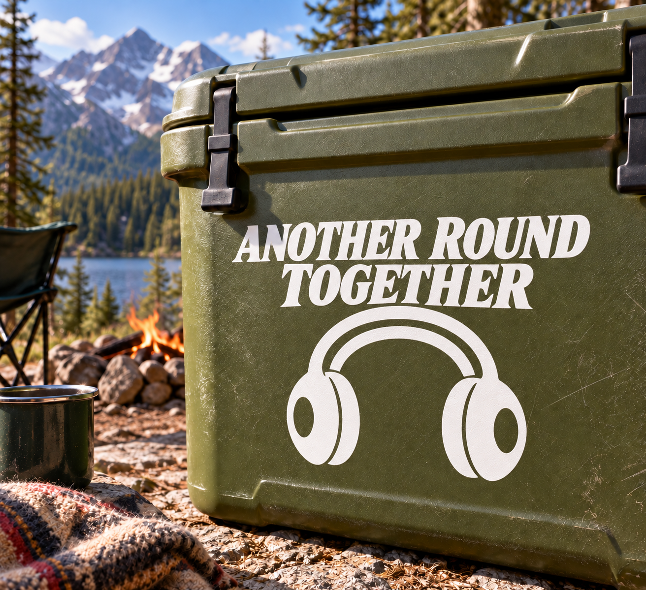 Vinyl decal with “Another Round Together” text and white headphones on olive green