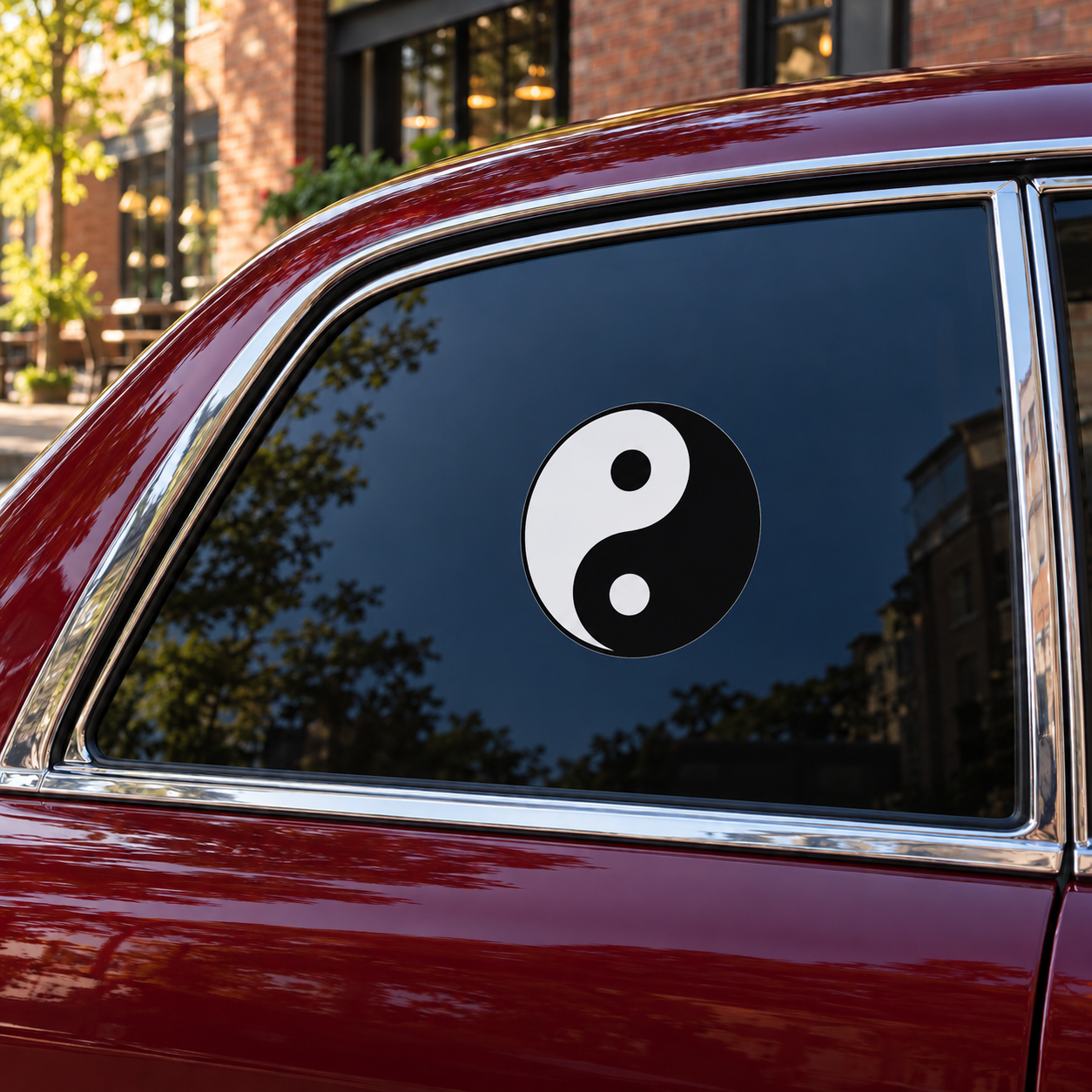 Yin yang sticker with fine circular border on car window, black and white symbol.