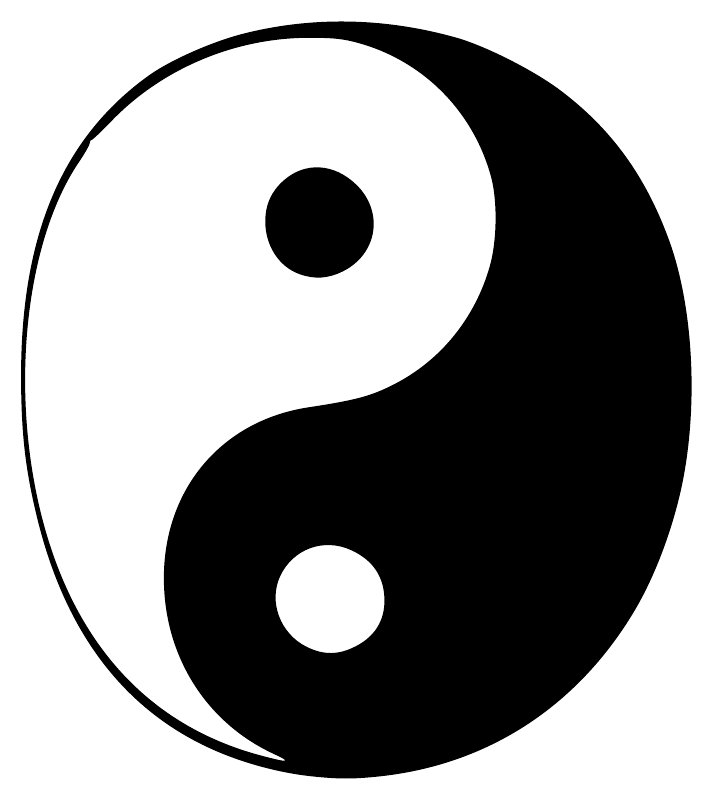 Black and white yin yang sticker with thin circular border, close-up symbol.