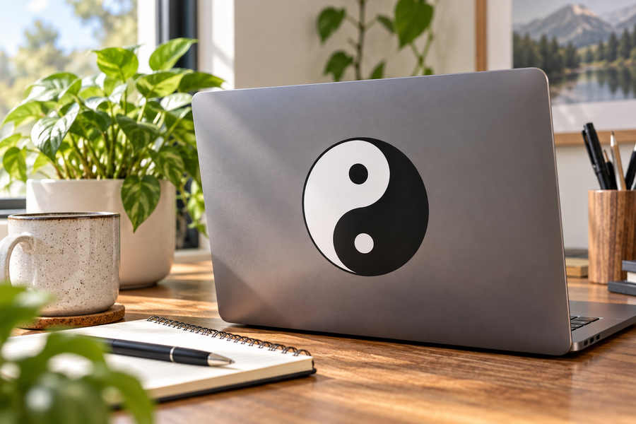Yin yang sticker with black and white swirl and rounded balance dots