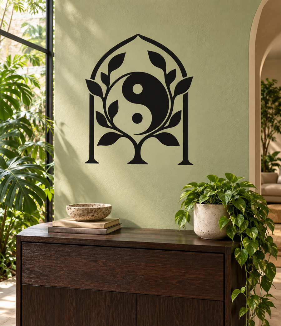 Botanical arch yin-yang vinyl decal, black symbol with leaves and tall vertical posts.