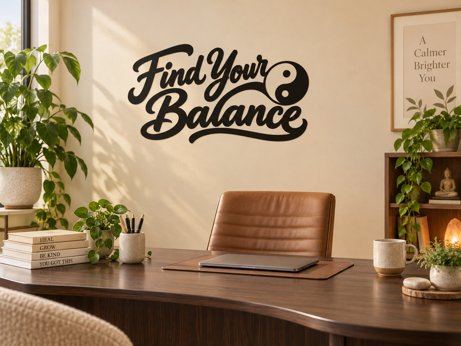 Vinyl wall decal reading “Find Your Balance” with yin-yang symbol, black lettering