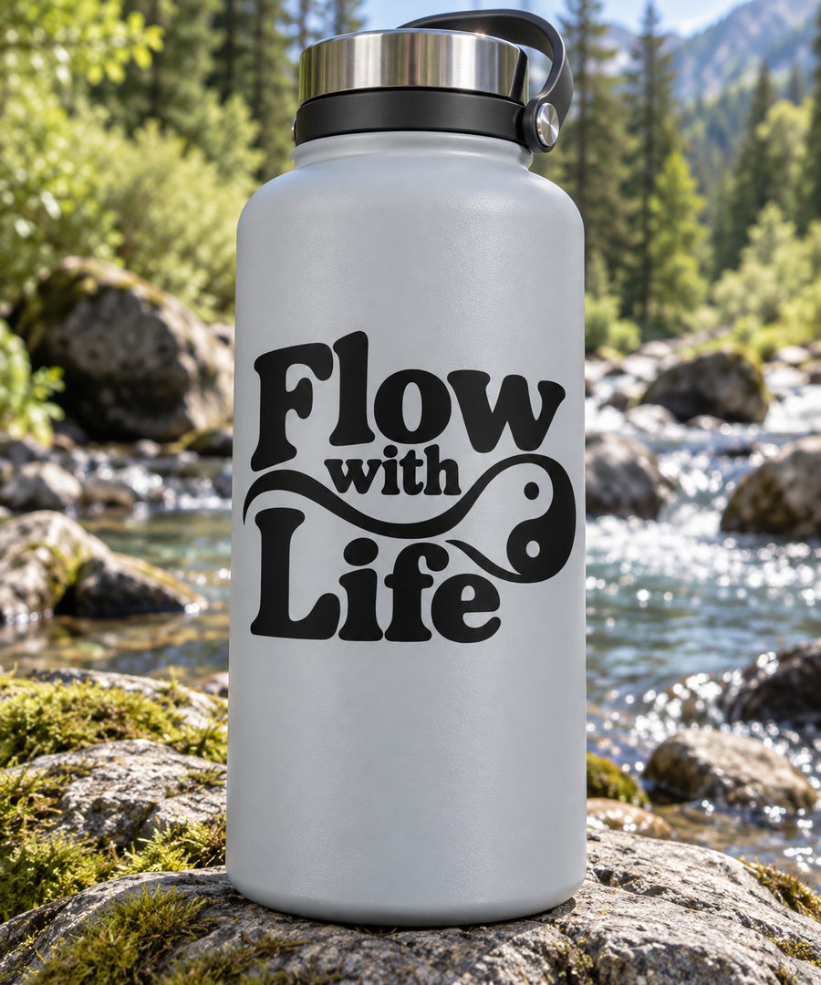 Vinyl decal with black "Flow with Life" lettering on a stainless bottle