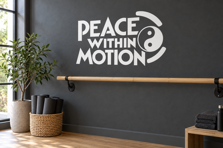 Peace Within Motion yin-yang vinyl decal, black and white lettering