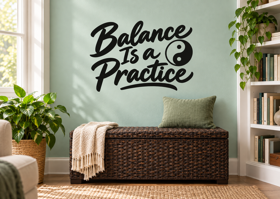 Vinyl wall decal reading "Balance Is a Practice" with a yin-yang symbol