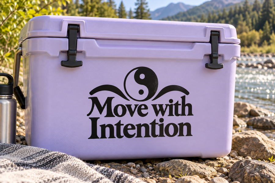 Vinyl decal with yin-yang symbol and stylized lettering on a light purple surface