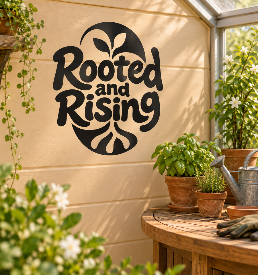 Vinyl decal with yin-yang icon and 'Rooted and Rising' text, black and white