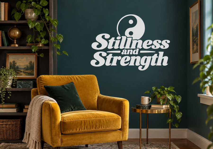 Vinyl wall decal with yin-yang symbol and 'Stillness and Strength' lettering