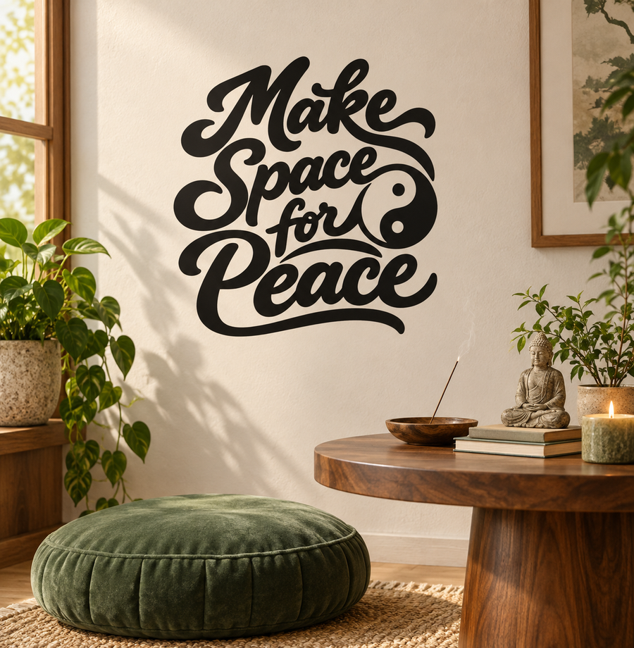 Black "Make Space for Peace" vinyl wall decal with yin-yang symbol