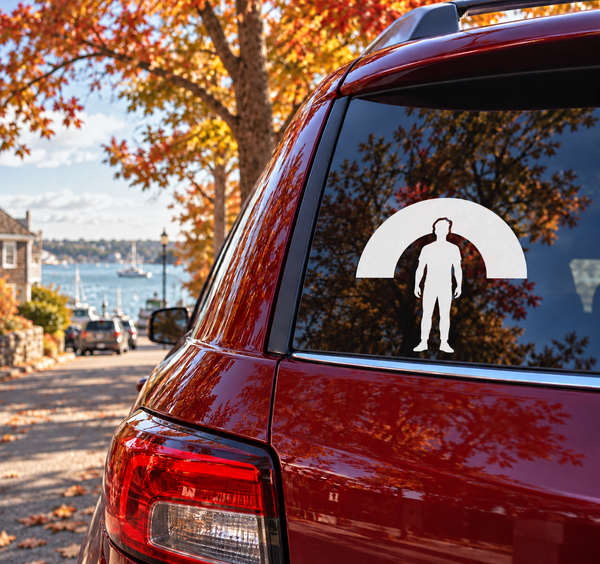 Yoga mountain vinyl decal with white circular arch and standing yoga silhouette