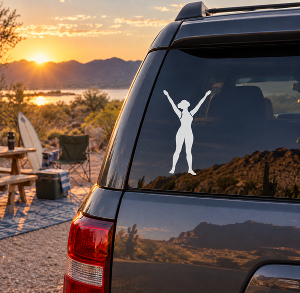Yoga figure vinyl decal for car window, white silhouette woman with arms up