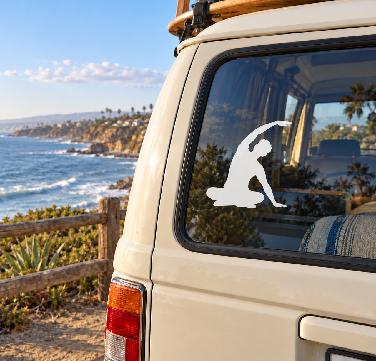 Yoga side stretch vinyl decal of seated figure silhouette on car window