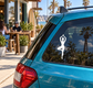 White yoga pose vinyl decal on car window, centered tree/grounded figure outline