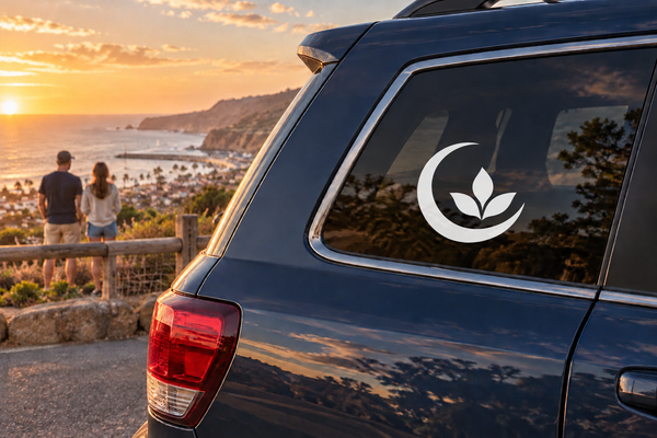 Vinyl moon balance decal with leaf-and-flame yoga symbol on car window