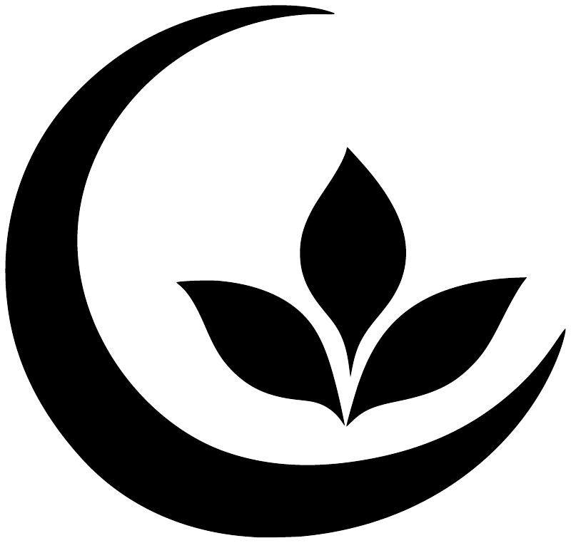 Black leaf-and-flame yoga symbol inside a crescent moon vinyl decal
