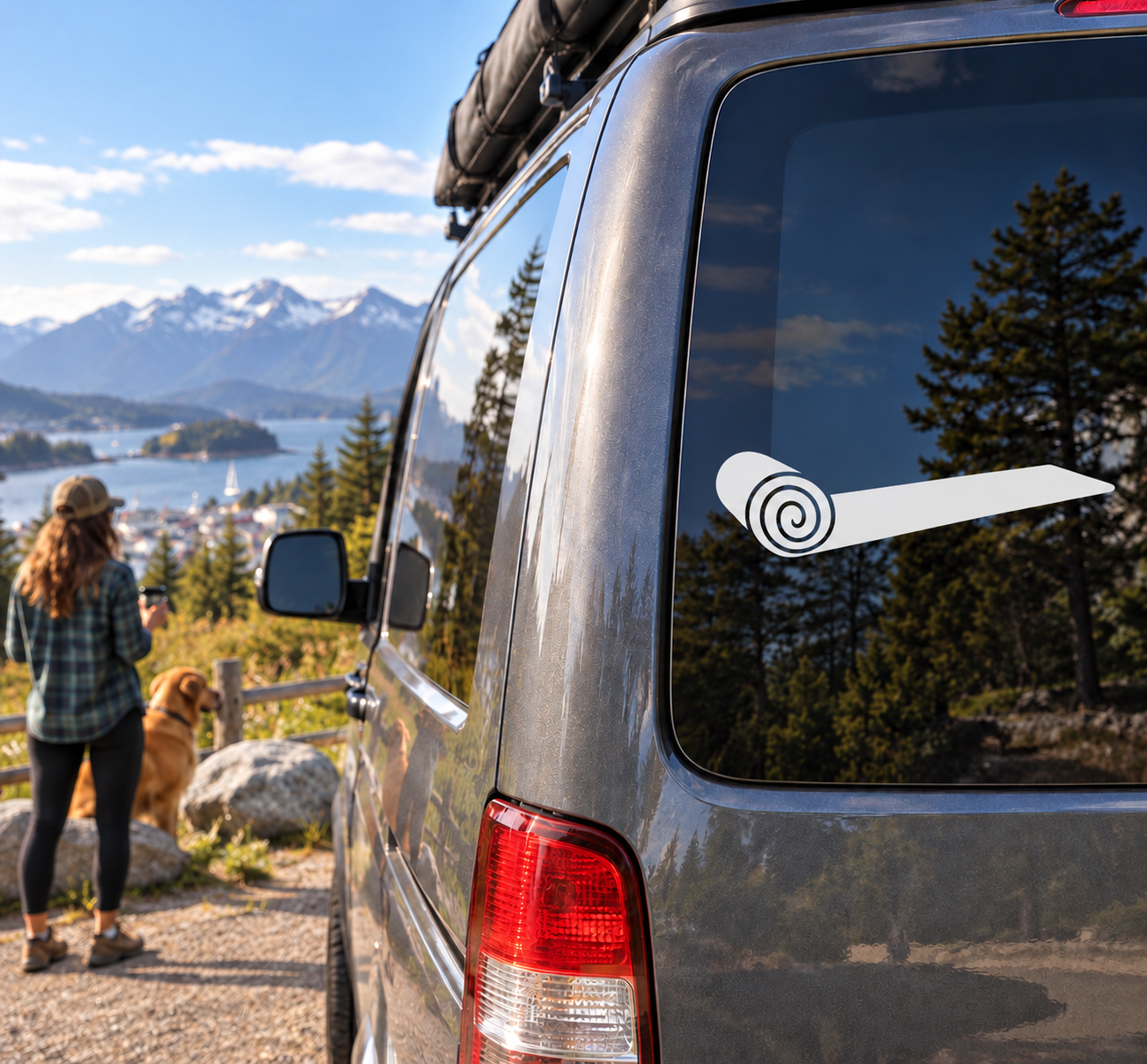 White and black rolled yoga mat vinyl decal with spiral icon on car window
