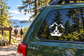 Yoga mountain meditation vinyl decal on car window: seated woman meditating between mountains, white