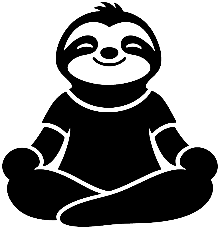 Sloth yoga vinyl decal, smiling sloth in lotus pose with black-and-white artwork