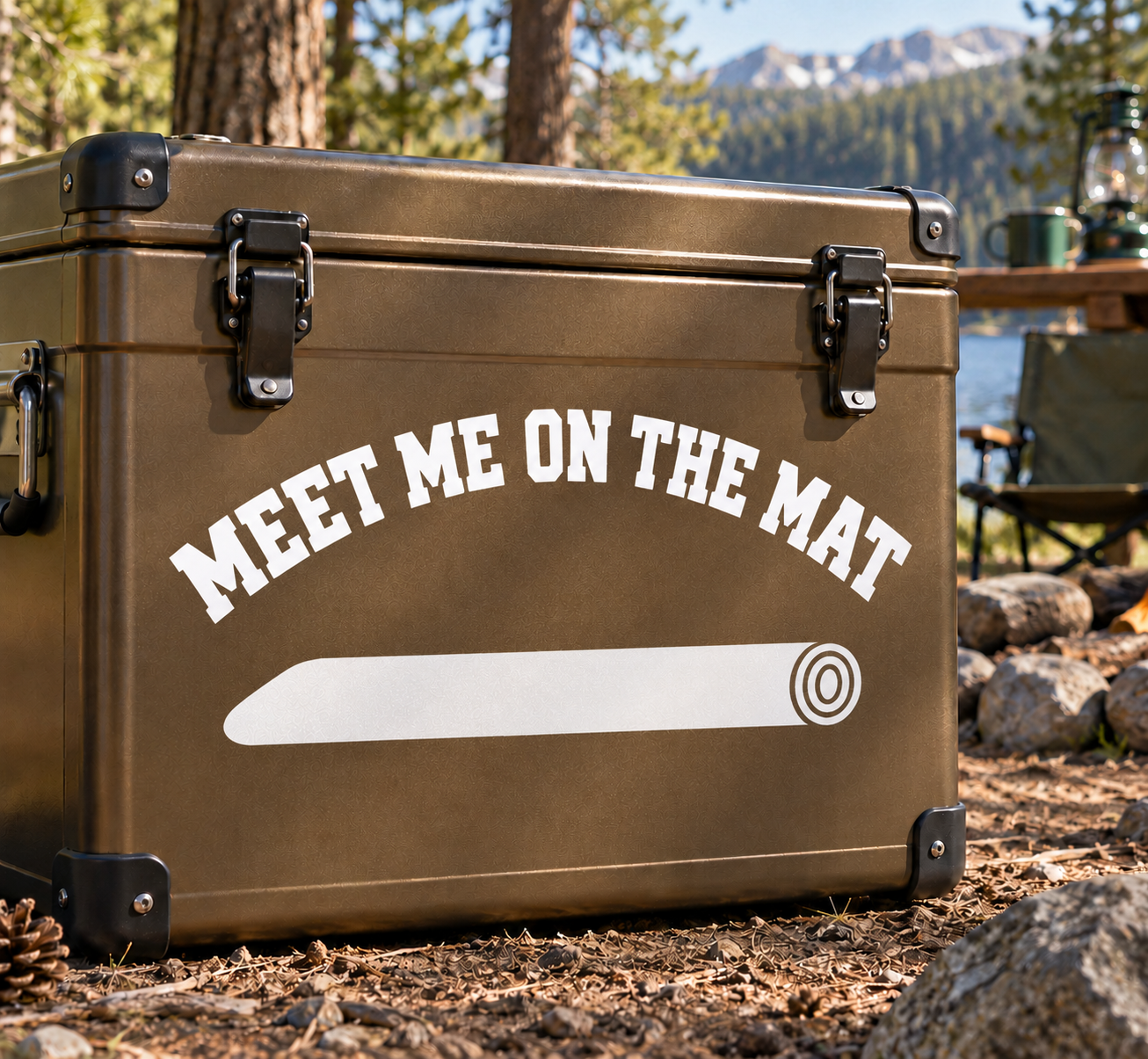 Yoga vinyl decal with arched “MEET ME ON THE MAT” text and mat icon.