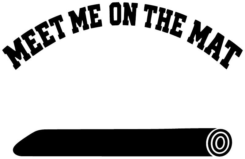 Yoga vinyl decal close-up: arched “MEET ME ON THE MAT” and black mat graphic.