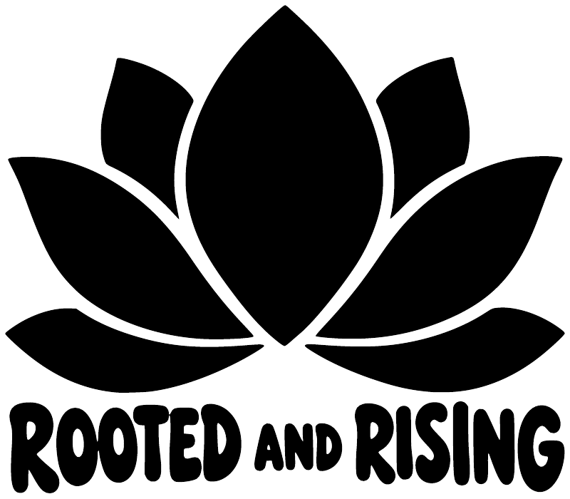 Yoga vinyl decal close-up: black lotus icon and 'ROOTED AND RISING' text on white