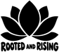 Yoga vinyl decal close-up: black lotus icon and 'ROOTED AND RISING' text on white