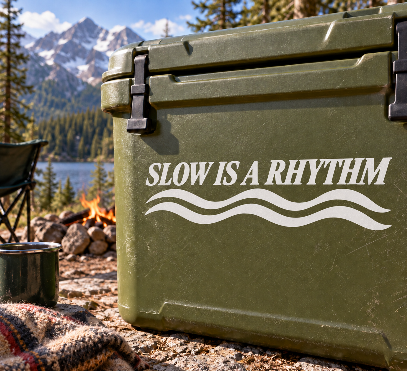 Green surface with vinyl decal text "SLOW IS A RHYTHM" and wavy lines