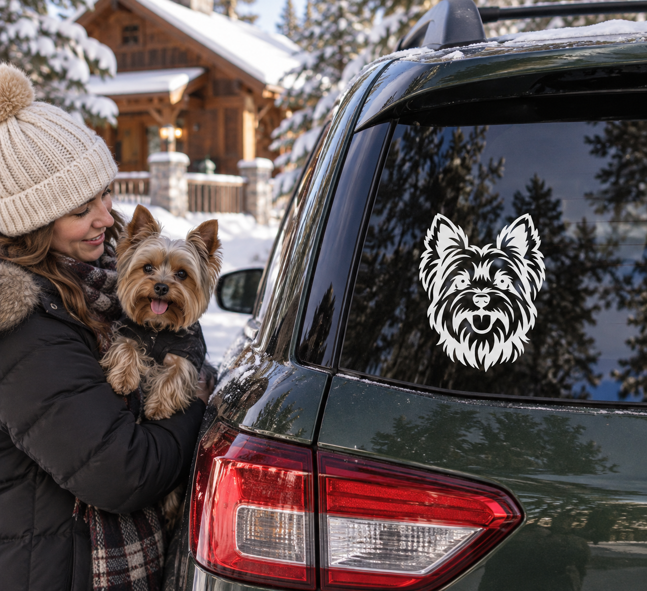 Yorkshire terrier portrait vinyl decal, black-and-white dog face on window